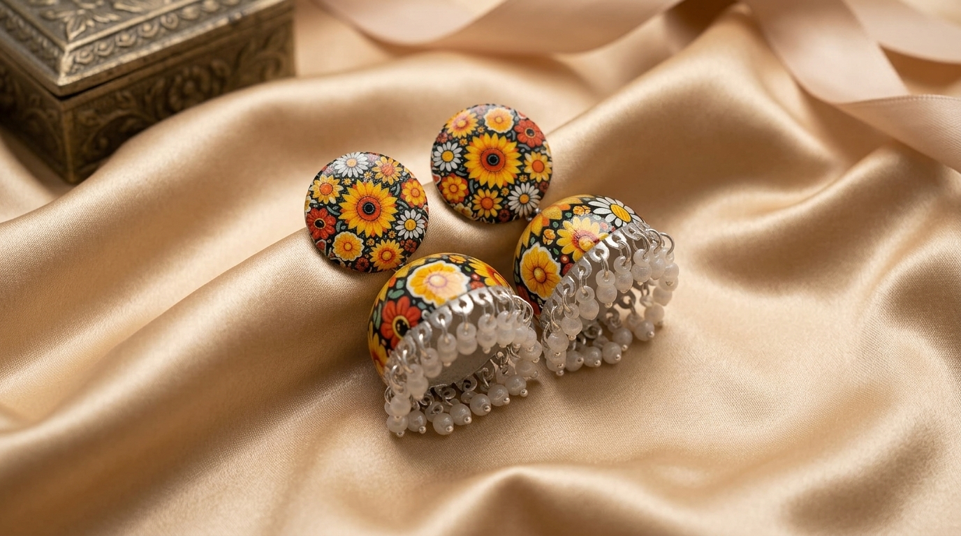 Earrings_on_satin_202604131037 Handpainted Meenakari Work Yellow Flower design with Pearl Ghunghru Jhumka - Image 1