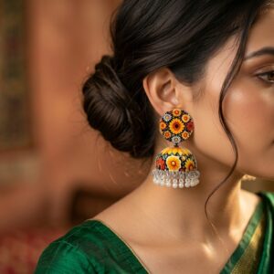 Handpainted Meenakari Work Yellow Flower design with Pearl Ghunghru Jhumka