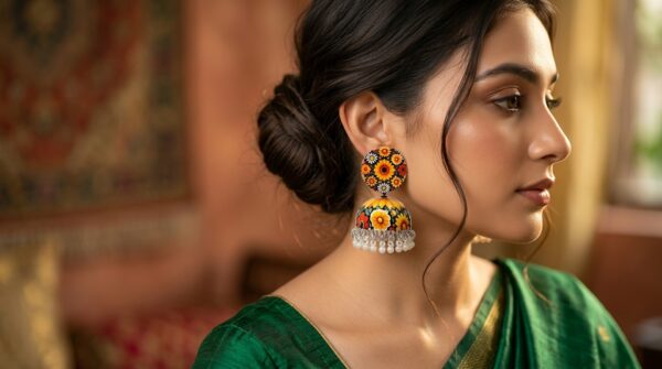 Handpainted Meenakari Work Yellow Flower design with Pearl Ghunghru Jhumka