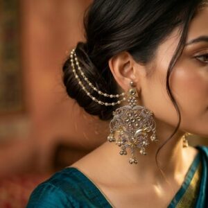 Oxidised Dual Tone Kundan Peal Jewellery Earring With Detachable Peal Earring Chain