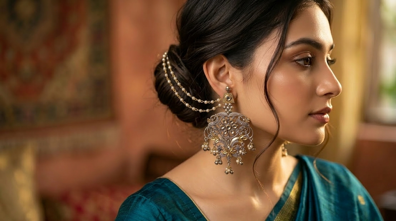 Image 1 Oxidised Dual Tone Kundan Peal Jewellery Earring With Detachable Peal Earring Chain