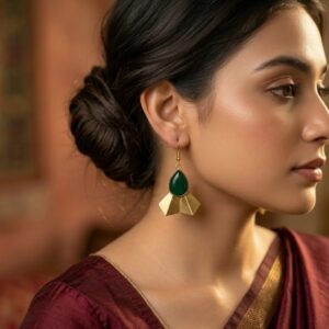 Handmade Brass Hook Earrings With Green Stone