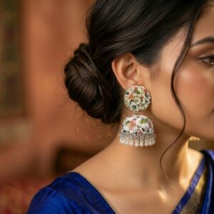 Handpainted Meenakari Work White Flower Design With Pearl Ghunghru Jhumka