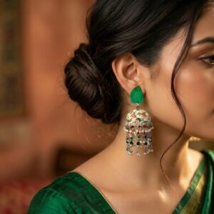 Handcrafted Green Floral Enamel Meenakari Jhumka with Pearl and Bead Details