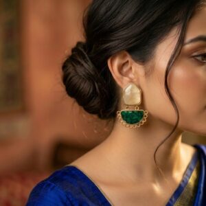 Handcrafted Boho Statement Earrings with Green and White Accents