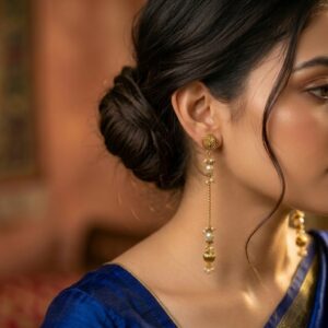 Peacock Stud With Taseel Chain Pearl Golden Bead Mogra Earring