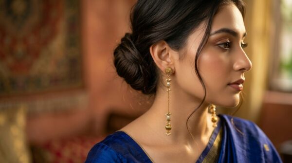 Peacock Stud With Taseel Chain Pearl Golden Bead Mogra Earring