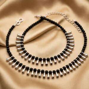 German Black Bead With Silver Ghunghru Pair of Anklet