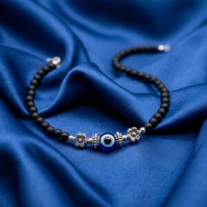German Silver Flower Evil Eye Black Bead Party wear Pair of Anklet