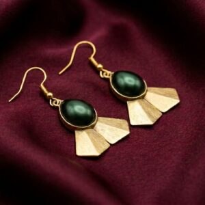 Handmade Brass Hook Earrings With Green Stone