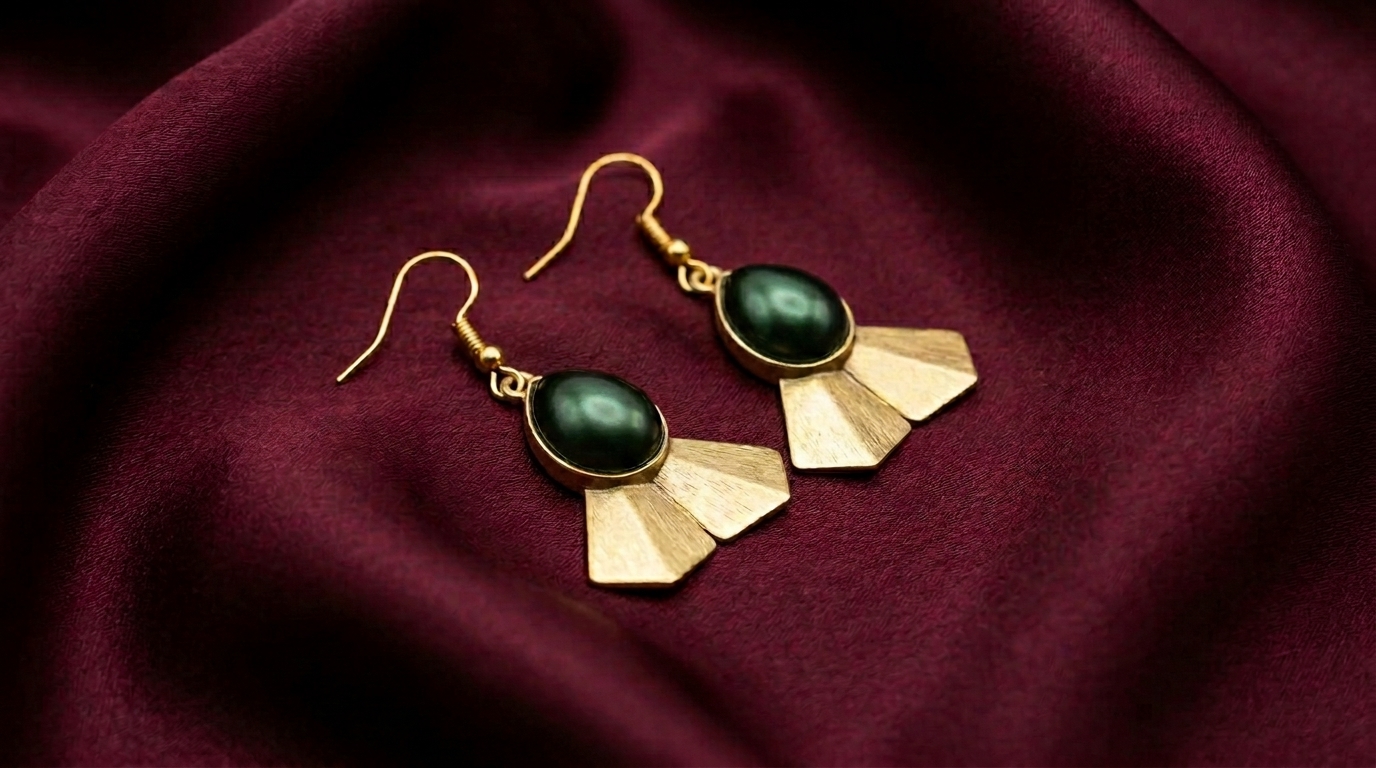 Image 2 Handmade Brass Hook Earrings With Green Stone