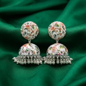Handpainted Meenakari Work White Flower Design With Pearl Ghunghru Jhumka