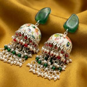 Handcrafted Green Floral Enamel Meenakari Jhumka with Pearl and Bead Details