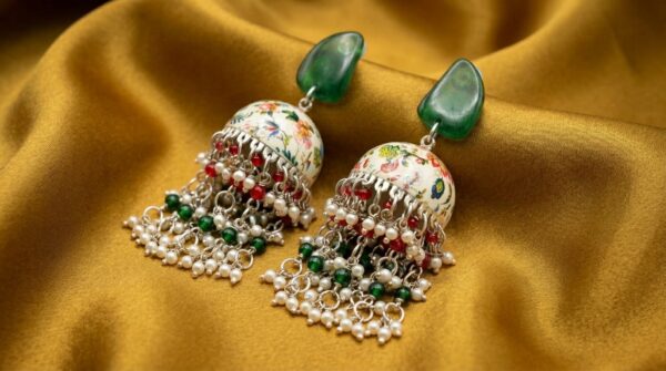 Handcrafted Green Floral Enamel Meenakari Jhumka with Pearl and Bead Details