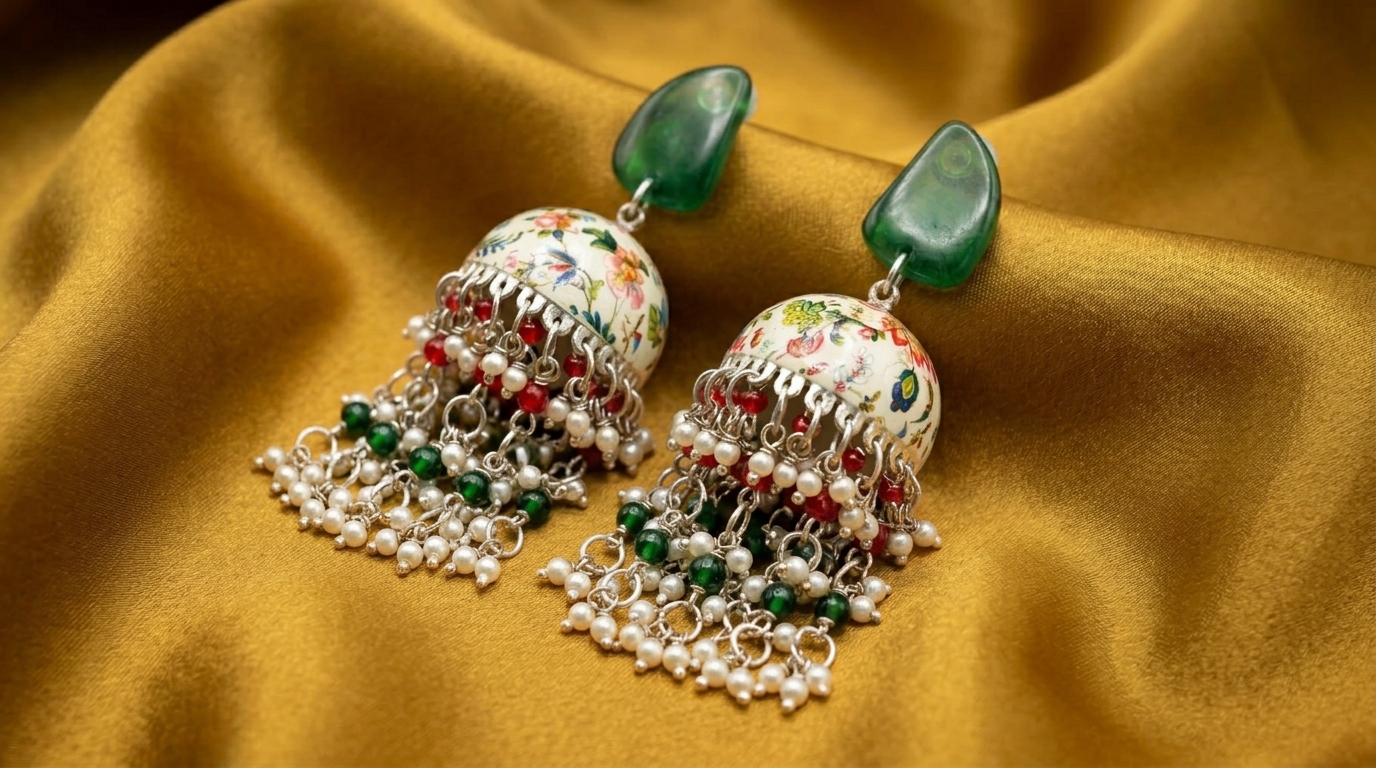 Image 2 Handcrafted Green Floral Enamel Meenakari Jhumka with Pearl and Bead Details