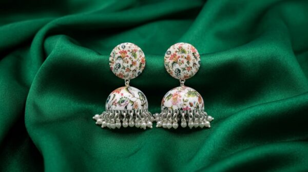 Handpainted Meenakari Work White Flower Design With Pearl Ghunghru Jhumka