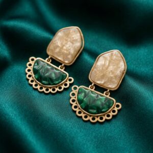 Handcrafted Boho Statement Earrings with Green and White Accents