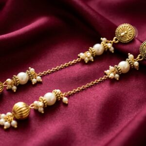 Peacock Stud With Taseel Chain Pearl Golden Bead Mogra Earring