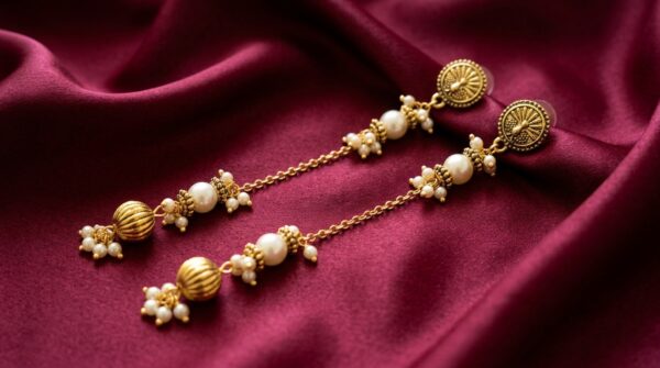 Peacock Stud With Taseel Chain Pearl Golden Bead Mogra Earring