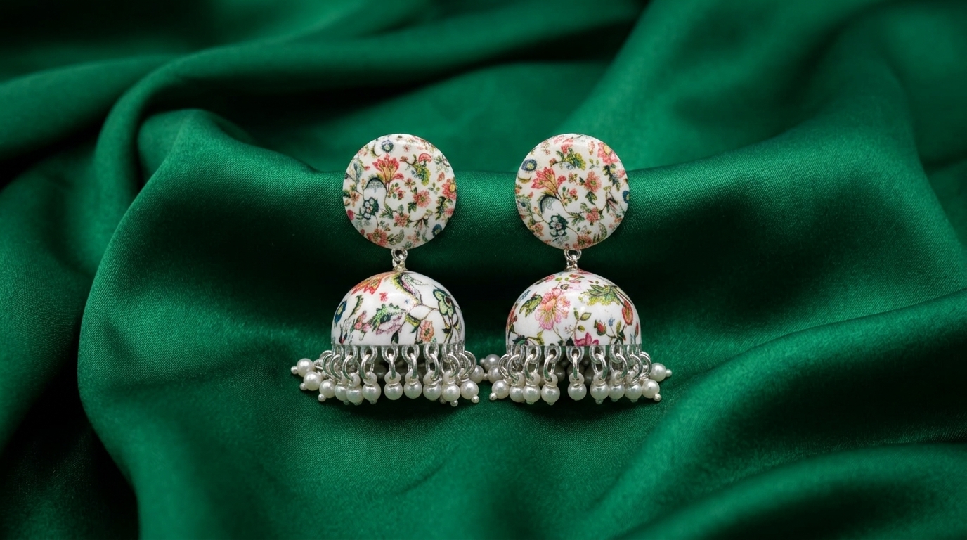 Image 2 Handpainted Meenakari Work White Flower Design With Pearl Ghunghru Jhumka