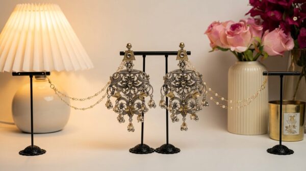 Oxidised Dual Tone Kundan Peal Jewellery Earring With Detachable Peal Earring Chain