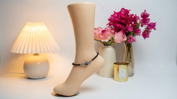 German Silver Flower Evil Eye Black Bead Party wear Pair of Anklet