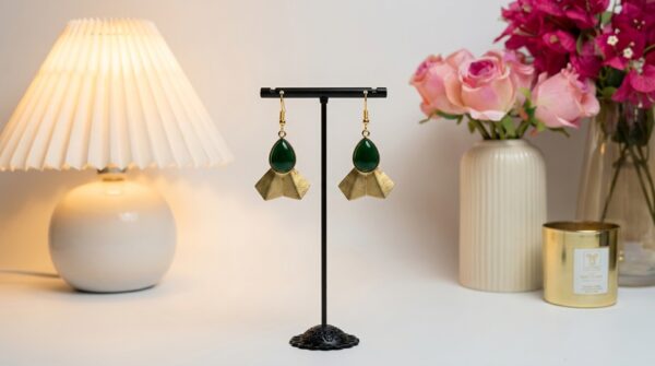 Handmade Brass Hook Earrings With Green Stone