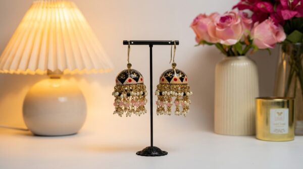 Handpainted Meenakari Work Layered Pearl Fitting Jhumka