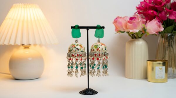 Handcrafted Green Floral Enamel Meenakari Jhumka with Pearl and Bead Details