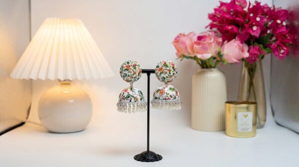 Handpainted Meenakari Work White Flower Design With Pearl Ghunghru Jhumka