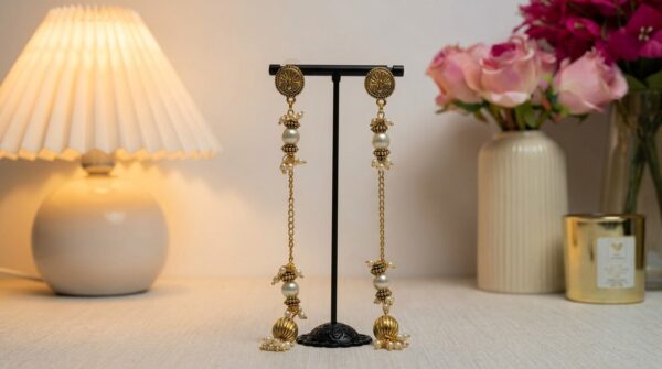 Peacock Stud With Taseel Chain Pearl Golden Bead Mogra Earring
