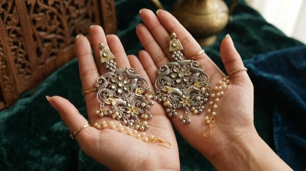 Oxidised Dual Tone Kundan Peal Jewellery Earring With Detachable Peal Earring Chain