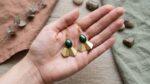 Handmade Brass Hook Earrings With Green Stone