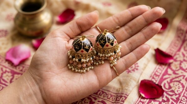 Handpainted Meenakari Work Layered Pearl Fitting Jhumka