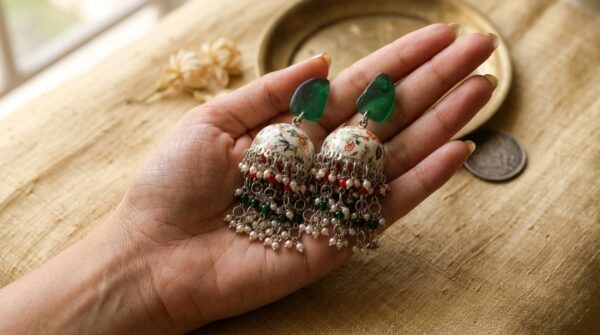 Handcrafted Green Floral Enamel Meenakari Jhumka with Pearl and Bead Details