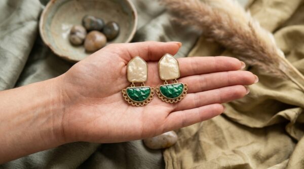 Handcrafted Boho Statement Earrings with Green and White Accents