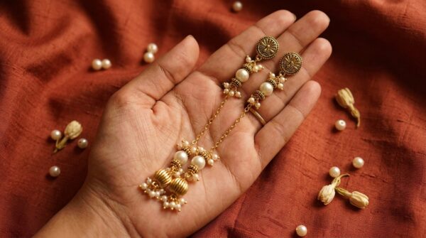 Peacock Stud With Taseel Chain Pearl Golden Bead Mogra Earring