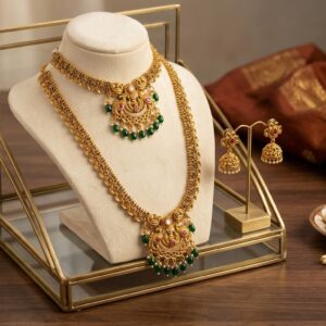 Royal Long Necklace With Lakshmi Pendent and Green Pearl Plus Earrings