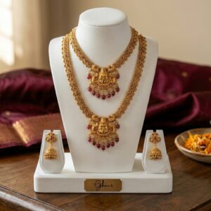 Royal Long Necklace With Lakshmi Pendent and Red Pearl Plus Earrings