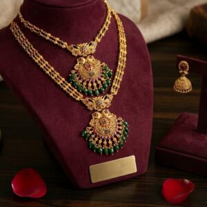 Royal Long Necklace With Peacock Pendent and Green Pearl Plus Earrings