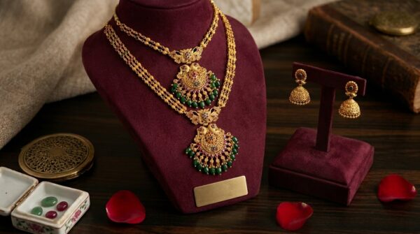 Royal Long Necklace With Peacock Pendent and Green Pearl Plus Earrings
