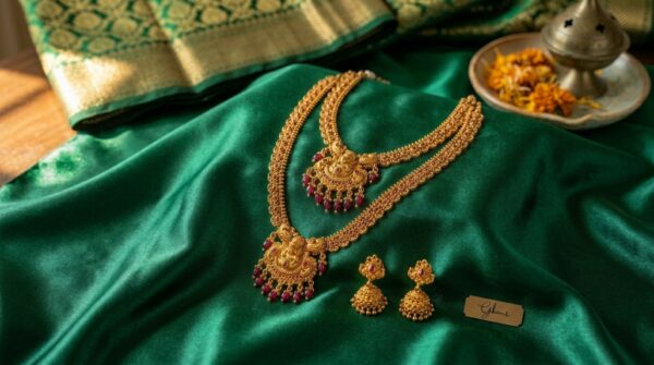 Royal Long Necklace With Lakshmi Pendent and Red Pearl Plus Earrings