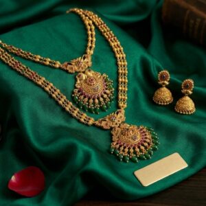 Royal Long Necklace With Peacock Pendent and Green Pearl Plus Earrings