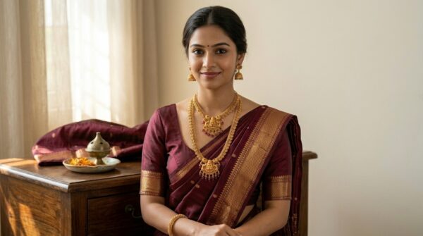 Royal Long Necklace With Lakshmi Pendent and Red Pearl Plus Earrings