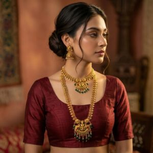 Royal Long Necklace With Lakshmi Pendent and Green Pearl Plus Earrings