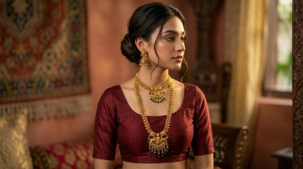 Royal Long Necklace With Lakshmi Pendent and Green Pearl Plus Earrings