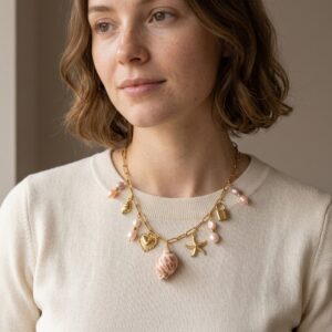 Gold Pink Pearl & Conch Shell Charm Paperclip Necklace