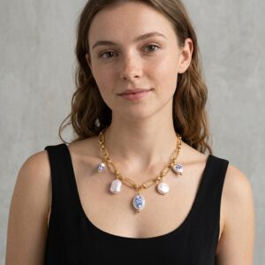 Gold Baroque Pearl & Blue Ceramic Charm Chain Necklace
