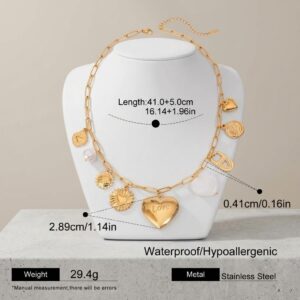 Gold Love Heart Multi-Charm Paperclip Chain Necklace