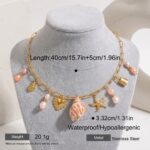 Gold Pink Pearl & Conch Shell Charm Paperclip Necklace